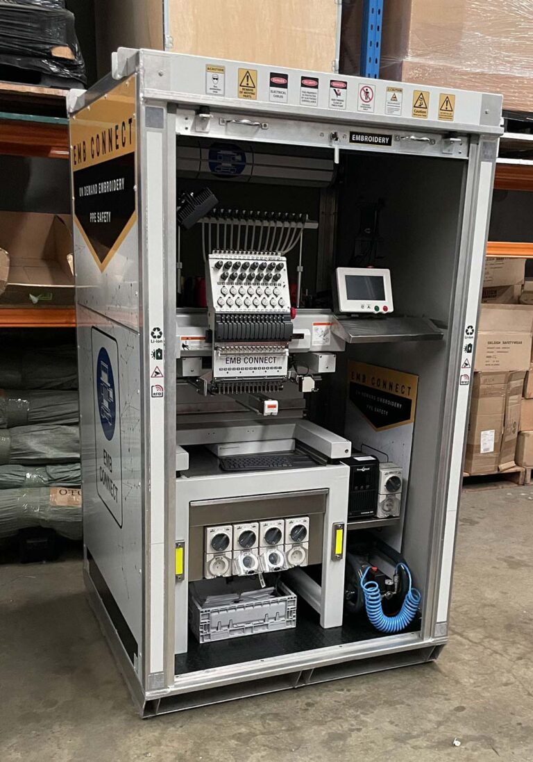 Transportable Embroidery machine for labelling workwear